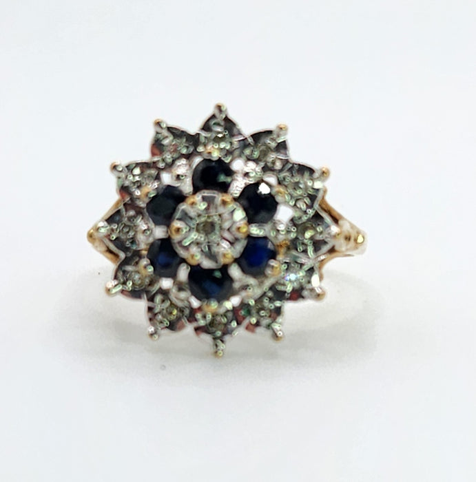 Vintage: 9ct Gold Blue Sapphire & Diamond Starburst Cluster Ring