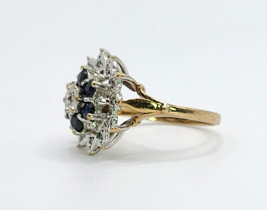 Vintage: 9ct Gold Blue Sapphire & Diamond Starburst Cluster Ring