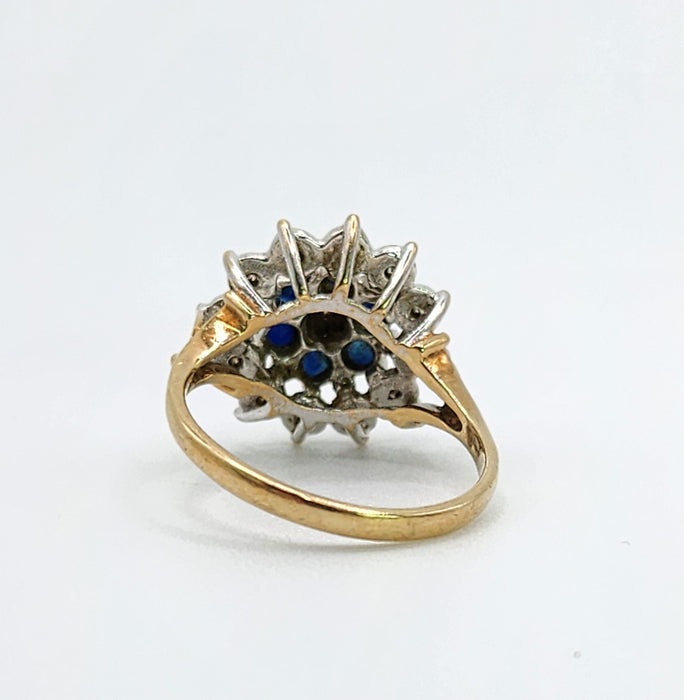 Vintage: 9ct Gold Blue Sapphire & Diamond Starburst Cluster Ring