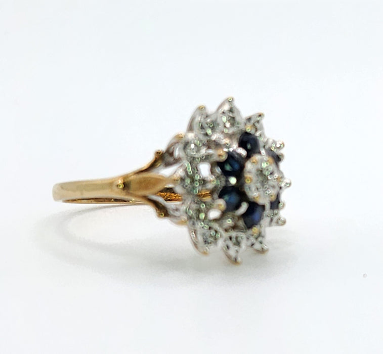 Vintage: 9ct Gold Blue Sapphire & Diamond Starburst Cluster Ring