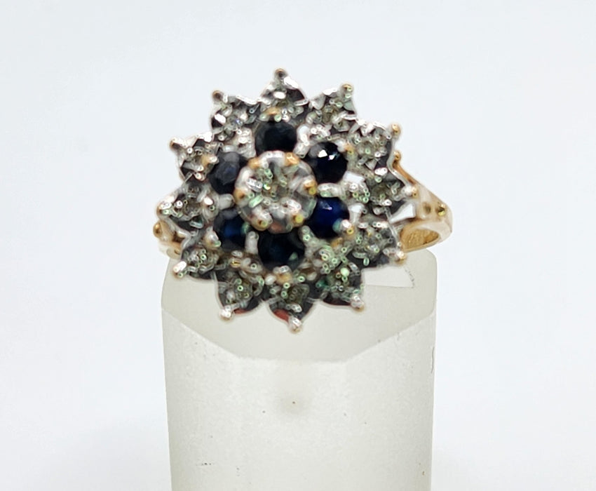Vintage: 9ct Gold Blue Sapphire & Diamond Starburst Cluster Ring