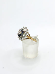 1373: Vintage: 9ct Gold French Blue Sapphires Diamonds Cluster Ring- sparkling beauty