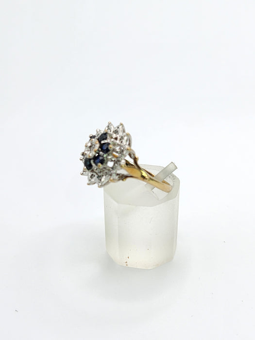 Vintage: 9ct Gold Blue Sapphire & Diamond Starburst Cluster Ring