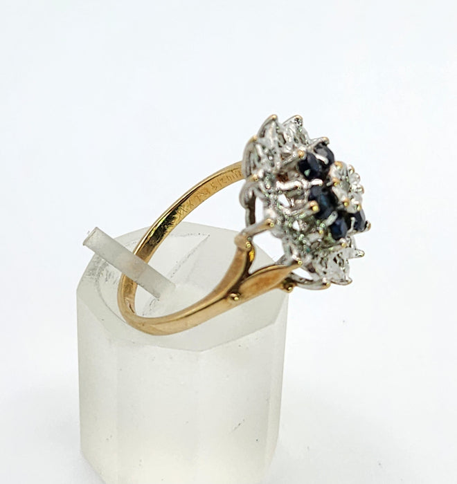 Vintage: 9ct Gold Blue Sapphire & Diamond Starburst Cluster Ring