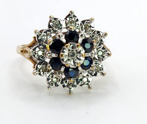 1373: Vintage: 9ct Gold French Blue Sapphires Diamonds Cluster Ring- sparkling beauty