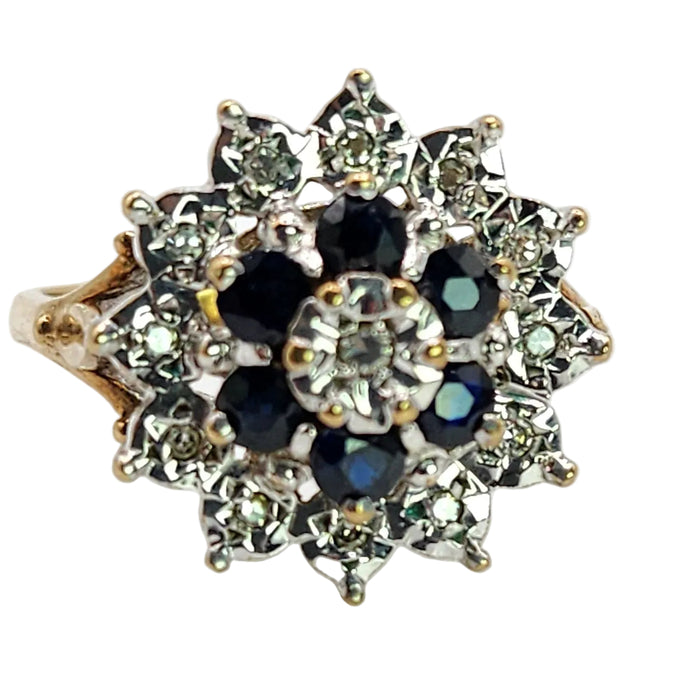 Vintage: 9ct Gold Blue Sapphire & Diamond Starburst Cluster Ring