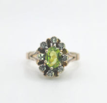 Load image into Gallery viewer, 1374: Vintage: 9ct Gold Peridot Diamonds Flowerhead Ring- from 1976
