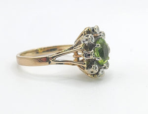 1374: Vintage: 9ct Gold Peridot Diamonds Flowerhead Ring- from 1976