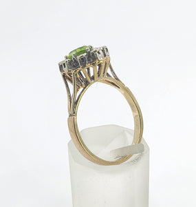 1374: Vintage: 9ct Gold Peridot Diamonds Flowerhead Ring- from 1976