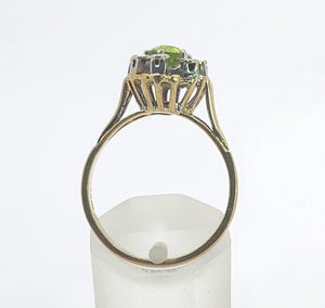 1374: Vintage: 9ct Gold Peridot Diamonds Flowerhead Ring- from 1976