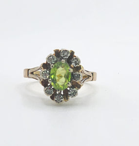 1374: Vintage: 9ct Gold Peridot Diamonds Flowerhead Ring- from 1976