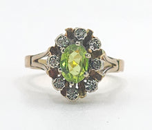 Load image into Gallery viewer, 1374: Vintage: 9ct Gold Peridot Diamonds Flowerhead Ring- from 1976

