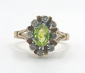 1374: Vintage: 9ct Gold Peridot Diamonds Flowerhead Ring- from 1976