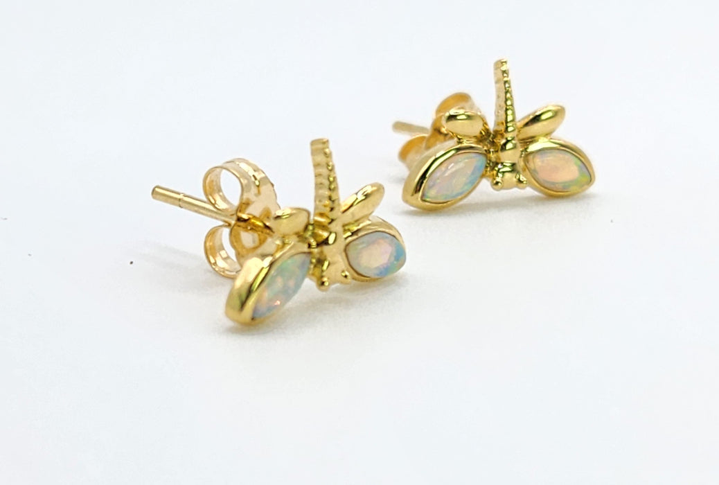 Vintage: 18ct Yellow Gold Opal Dragonfly Stud Earrings