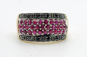 0315: Vintage: 9ct Gold Black Diamonds Rubies Statement Ring- a remarkable combination,