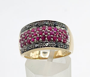 0315: Vintage: 9ct Gold Black Diamonds Rubies Statement Ring- a remarkable combination,