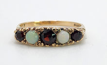 Cargar imagen en el visor de la galería, 1623: Vintage: 9ct Gold Opals &amp; Garnets Dress/Stacker Ring- From 1963, very pretty.

