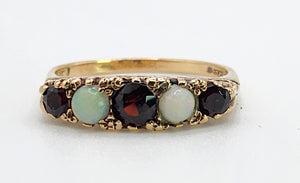1623: Vintage: 9ct Gold Opals & Garnets Dress/Stacker Ring- From 1963, very pretty.