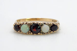1623: Vintage: 9ct Gold Opals & Garnets Dress/Stacker Ring- From 1963, very pretty.