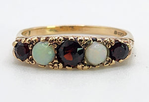 1623: Vintage: 9ct Gold Opals & Garnets Dress/Stacker Ring- From 1963, very pretty.