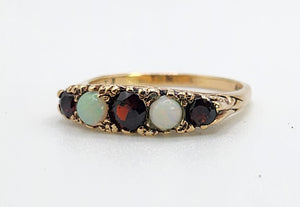 1623: Vintage: 9ct Gold Opals & Garnets Dress/Stacker Ring- From 1963, very pretty.