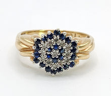 Cargar imagen en el visor de la galería, 1641: Vintage: 9ct Gold Geometric Sapphires Diamonds Dress Ring- captivating design
