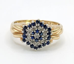 1641: Vintage: 9ct Gold Geometric Sapphires Diamonds Dress Ring- captivating design