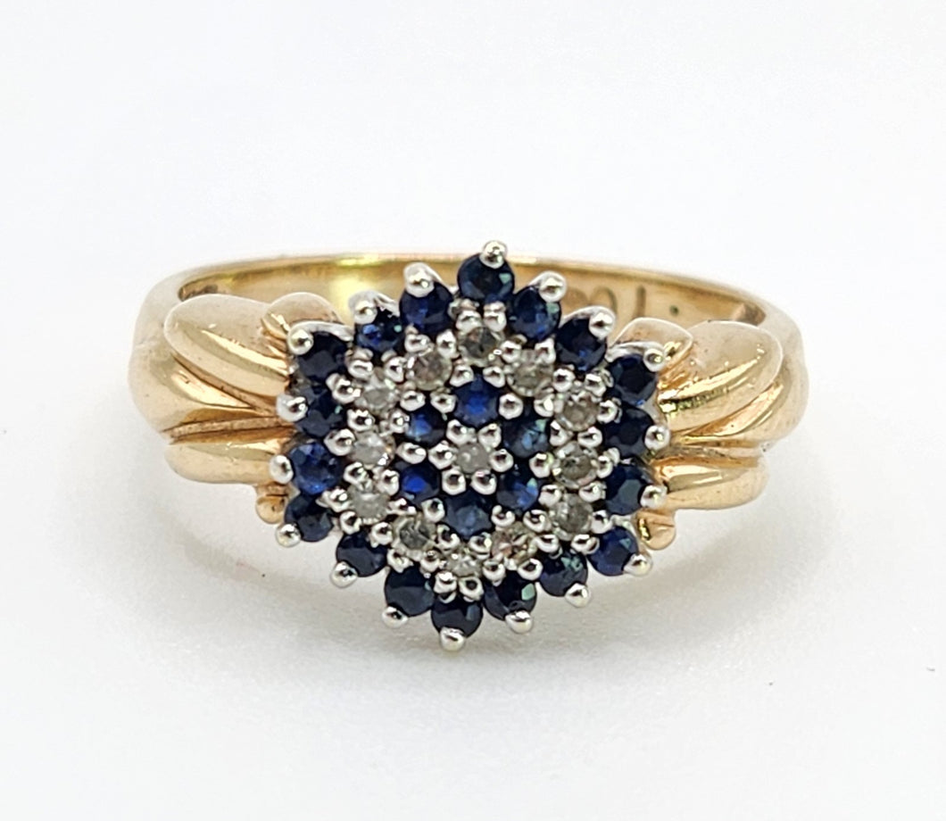1641: Vintage: 9ct Gold Geometric Sapphires Diamonds Dress Ring- captivating design