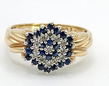 Cargar imagen en el visor de la galería, 1641: Vintage: 9ct Gold Geometric Sapphires Diamonds Dress Ring- captivating design
