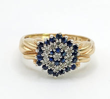 Cargar imagen en el visor de la galería, 1641: Vintage: 9ct Gold Geometric Sapphires Diamonds Dress Ring- captivating design
