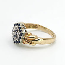 Cargar imagen en el visor de la galería, 1641: Vintage: 9ct Gold Geometric Sapphires Diamonds Dress Ring- captivating design
