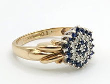 Cargar imagen en el visor de la galería, 1641: Vintage: 9ct Gold Geometric Sapphires Diamonds Dress Ring- captivating design

