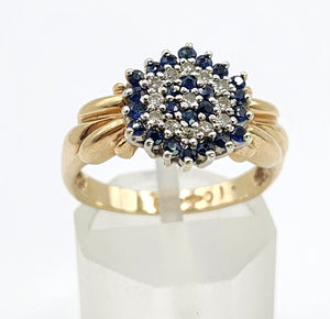 1641: Vintage: 9ct Gold Geometric Sapphires Diamonds Dress Ring- captivating design