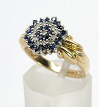 Cargar imagen en el visor de la galería, 1641: Vintage: 9ct Gold Geometric Sapphires Diamonds Dress Ring- captivating design
