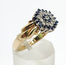 Cargar imagen en el visor de la galería, 1641: Vintage: 9ct Gold Geometric Sapphires Diamonds Dress Ring- captivating design
