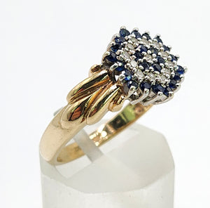 1641: Vintage: 9ct Gold Geometric Sapphires Diamonds Dress Ring- captivating design