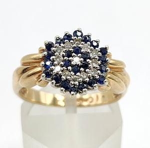1641: Vintage: 9ct Gold Geometric Sapphires Diamonds Dress Ring- captivating design