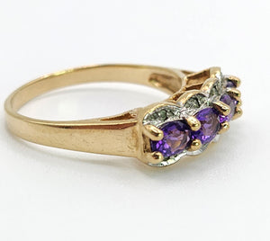 1645: Vintage: 9ct Gold Purple Amethysts Diamonds Dress Ring- lovely combination