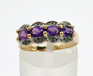 1645: Vintage: 9ct Gold Purple Amethysts Diamonds Dress Ring- lovely combination