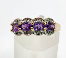 Cargar imagen en el visor de la galería, 1645: Vintage: 9ct Gold Purple Amethysts Diamonds Dress Ring- lovely combination
