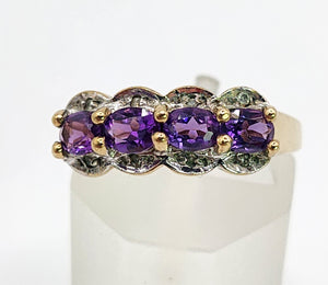 1645: Vintage: 9ct Gold Purple Amethysts Diamonds Dress Ring- lovely combination