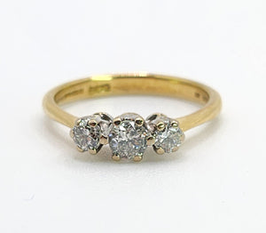 1647: Vintage: 18ct Gold Round Full Cut Diamonds (0.38ct) Trilogy Ring- sparkling natural diamonds