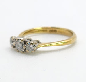 1647: Vintage: 18ct Gold Round Full Cut Diamonds (0.38ct) Trilogy Ring- sparkling natural diamonds