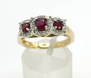 Vintage: 9ct Gold Rubies Trilogy 38 Natural Diamonds Dress Ring