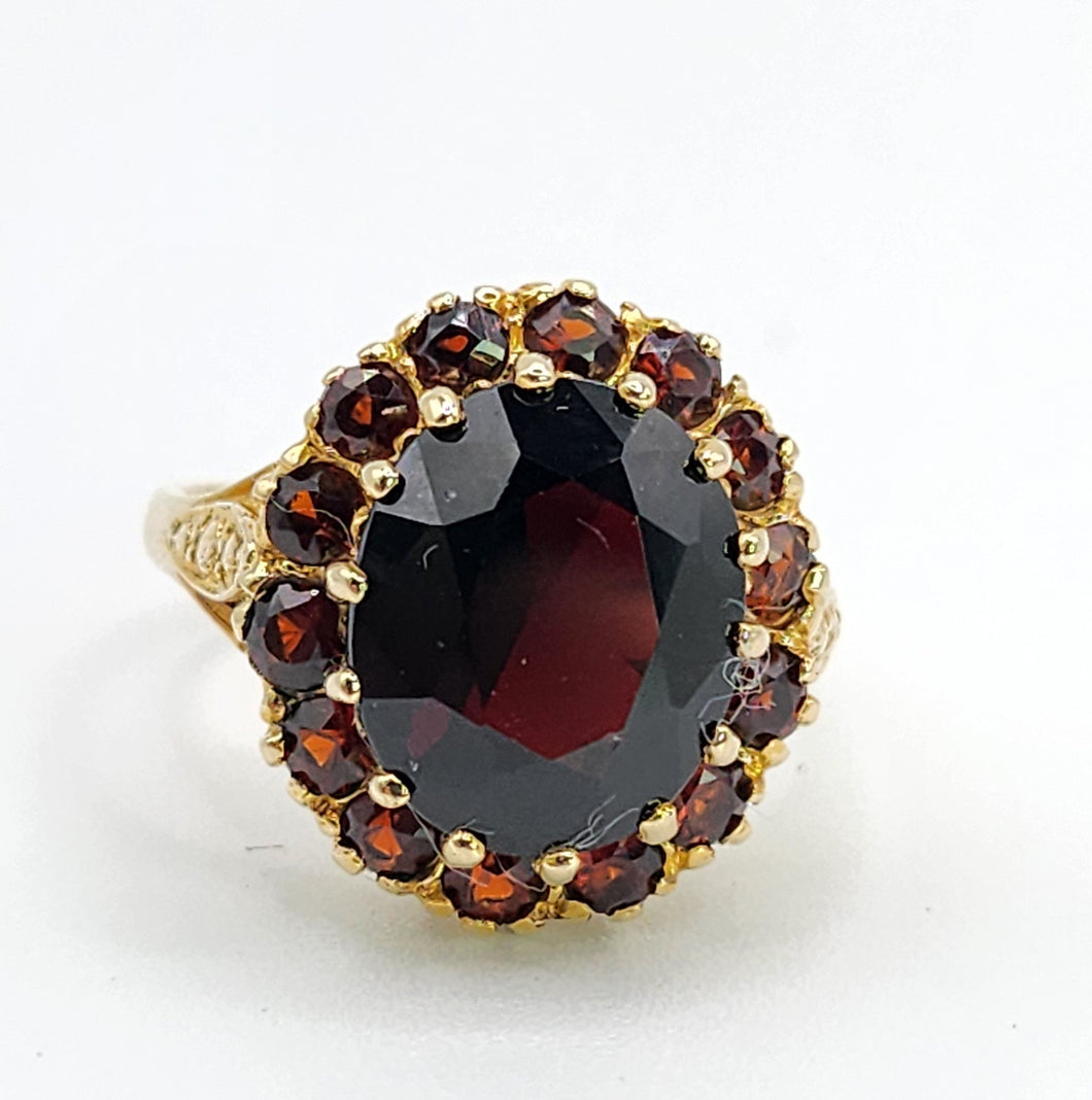 0466: Vintage; Statement 9ct Gold Garnets Cluster Ring -From London 1974