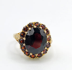 0466: Vintage; Statement 9ct Gold Garnets Cluster Ring -From London 1974