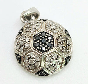 1629: Vintage: 9ct White Gold Black & White Diamonds Football Pendant- back of the net!