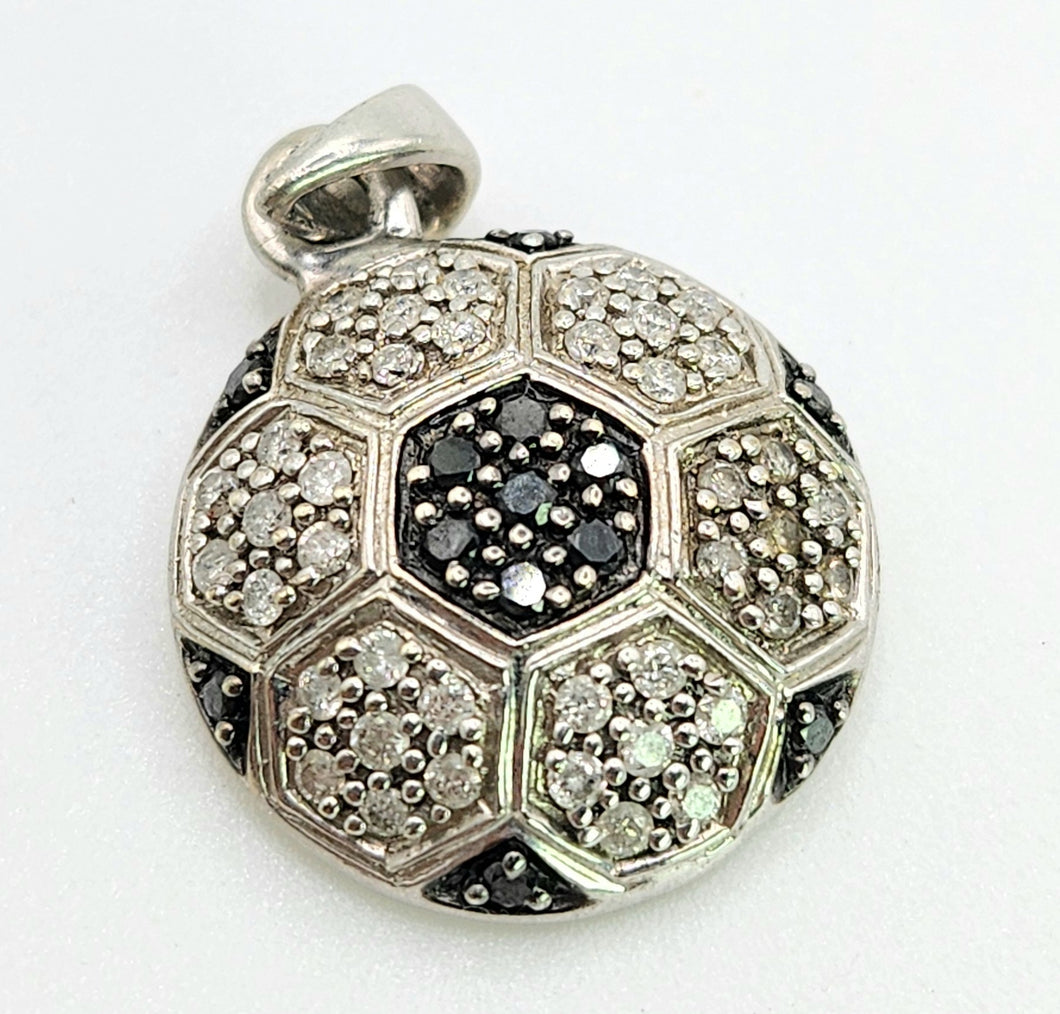 1629: Vintage: 9ct White Gold Black & White Diamonds Football Pendant- back of the net!