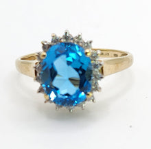 Load image into Gallery viewer, 1650: Vintage: 9ct Gold Swiss Blue Topaz 18 Diamonds Cluster Ring- sparkling beauty
