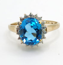 Load image into Gallery viewer, 1650: Vintage: 9ct Gold Swiss Blue Topaz 18 Diamonds Cluster Ring- sparkling beauty
